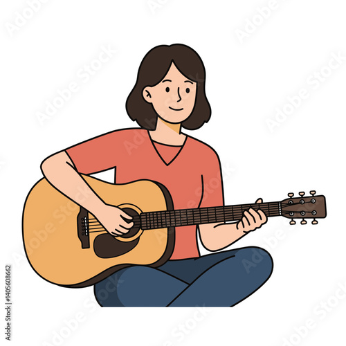 Woman Playing Acoustic Guitar: A cheerful woman with short dark hair strums her acoustic guitar.  A relaxed depiction of a musician enjoying the sounds of making music. 