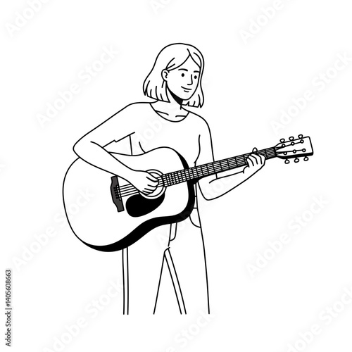Harmony in Hands: A skilled musician's elegant fingers dance over the strings of an acoustic guitar, creating a melody of music in this detailed outline, highlighting the beauty of musical expression.