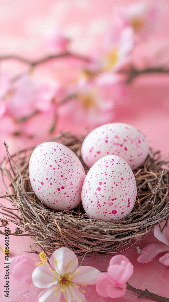 A rustic nest cradles delicate pink speckled eggs, surrounded by an array of spring blossoms A rustic nest cradles delicate pink speckled eggs, surrounded by an array of spring blossoms