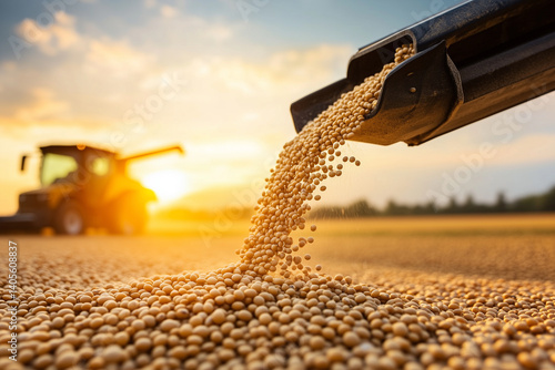 A close-up showcases a bounty of golden soybeans spilling forth, illuminated by the radiant sun, symbolizing the culmination of labor and the promise of a prosperous yield.