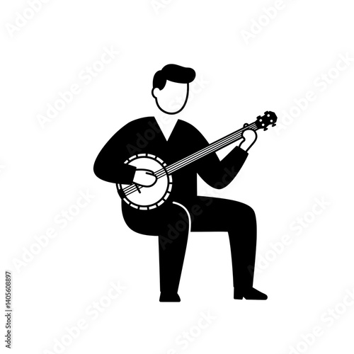 Musical Muse: A musician engrossed in playing the banjo, creating a rhythm. Witness the harmony of art and culture through this captivating monochromatic illustration.