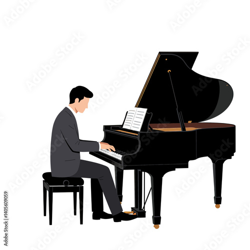 Melody's Maestro: A musician sits at a grand piano, lost in the music. Notes dance across the sheet music. Capture the artist's dedication to the art.