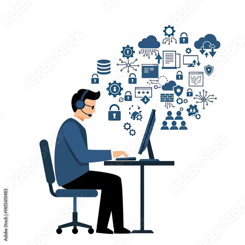 Tech Support Analyst: A focused analyst, adorned with a headset, intensely engages with a computer, a cloud of digital icons spiraling above to evoke a digital world.