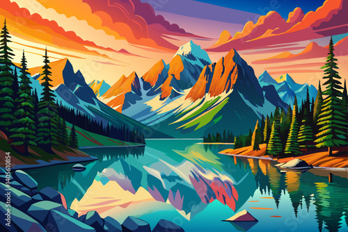 A cartoon serene mountain lake sunset time with clear water, snowy mountains in the background, and lush green forests on the shores, national park wallpaper background