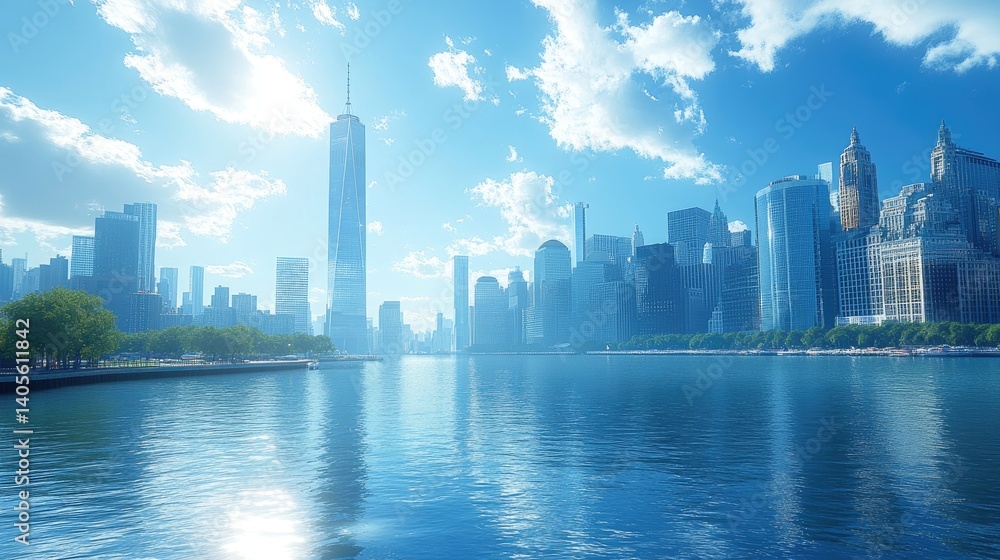 Fototapeta premium Cityscape view with river and buildings. Clear blue sky with clouds and sunny day reflecting on the water