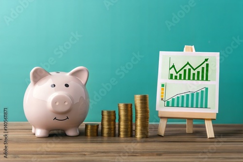 Piggy bank with money on a table and graph showing savings and investment growth