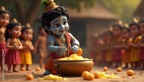 Baby Krishna Eating Butter with Friends