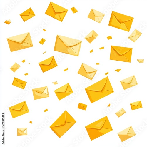 Yellow Envelopes Falling.  A scattering of golden-yellow envelopes, various sizes, cascading down on a white background