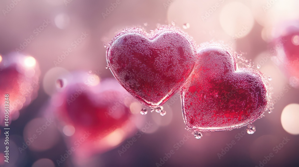 Romantic Heart-Shaped Ice Cubes with Bokeh Background Romantic Heart-Shaped Ice Cubes with Bokeh Background