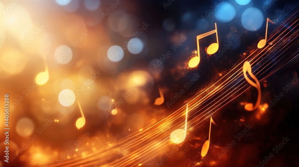 A glowing abstract background with softly floating musical notes in golden light, forming a dreamy melody-inspired composition