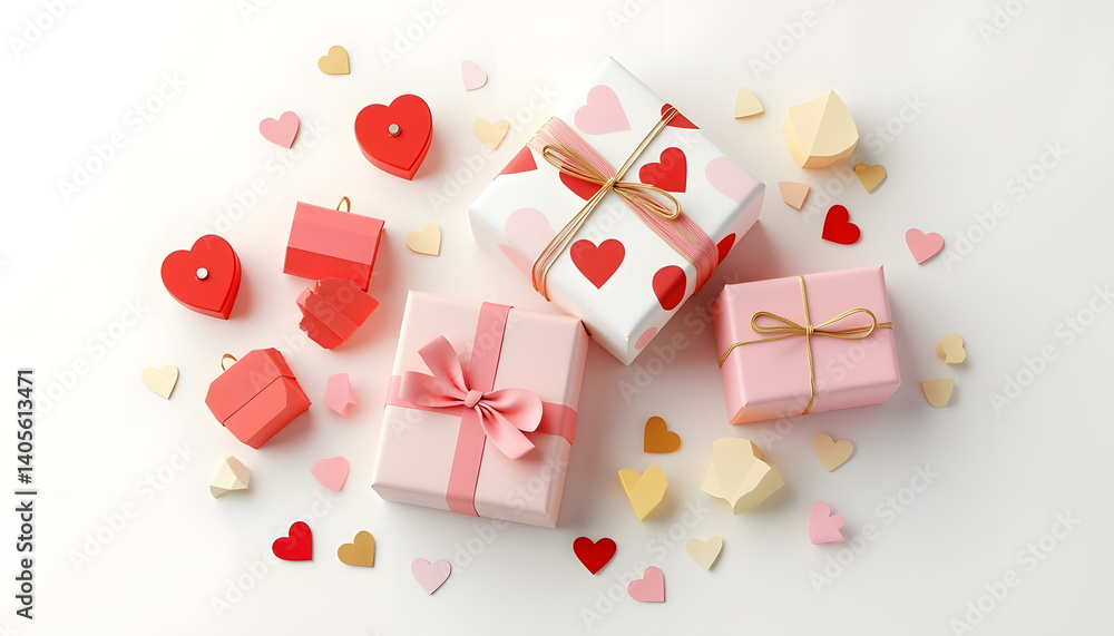 Various gift boxes and heart-shaped decorations scattered on a white surface for a romantic occasion. Various gift boxes and heart-shaped decorations scattered on a white surface for a romantic occasion.