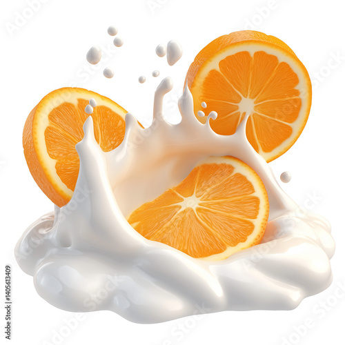 Milk or yogurt splash with orange slices isolated on transparent background, 3d rendering
