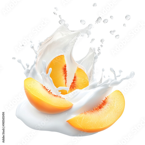 Milk or yogurt splash with peach slices isolated on transparent background, 3d rendering