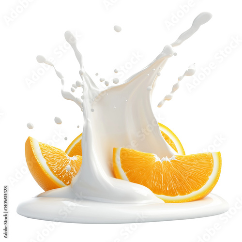 Milk or yogurt splash with orange slices isolated on transparent background, 3d rendering