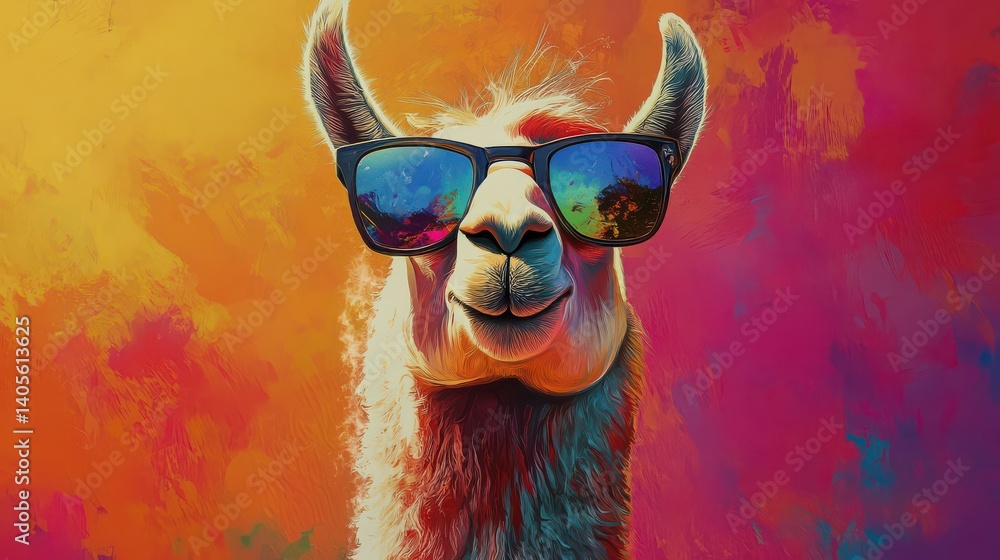 Fototapeta premium Colorful Llama Wearing Sunglasses Against Vibrant Background 