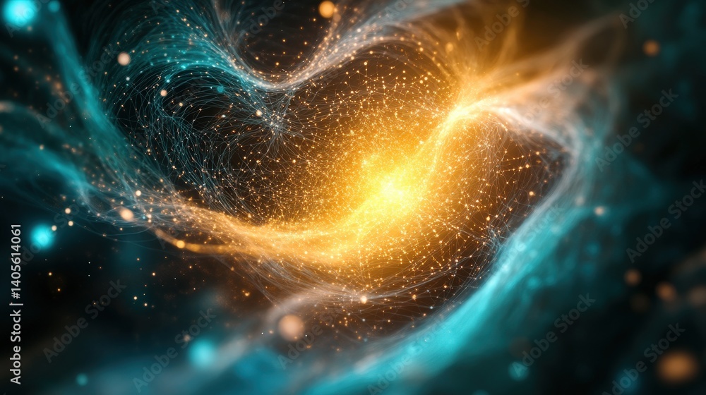 A glowing quantum computing visualization with swirling data particles and matrix-like abstract coding sequences
