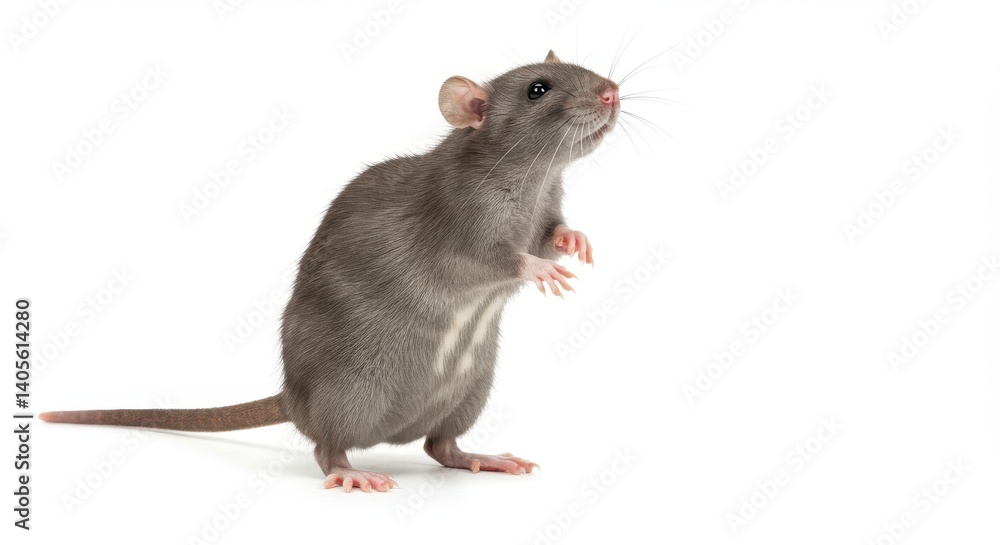 Gray rat standing upright on its hind legs, with a slightly arched back and front paws raised as if reaching Gray rat standing upright on its hind legs, with a slightly arched back and front paws raised as if reaching