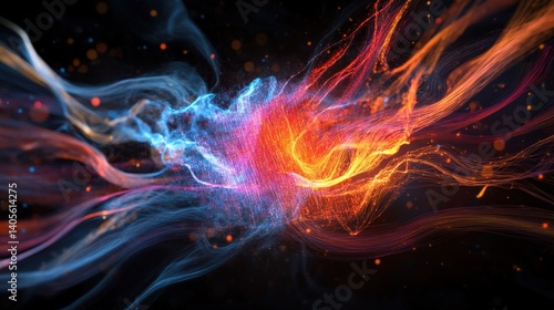 A glowing quantum computing visualization with swirling data particles and matrix-like abstract coding sequences