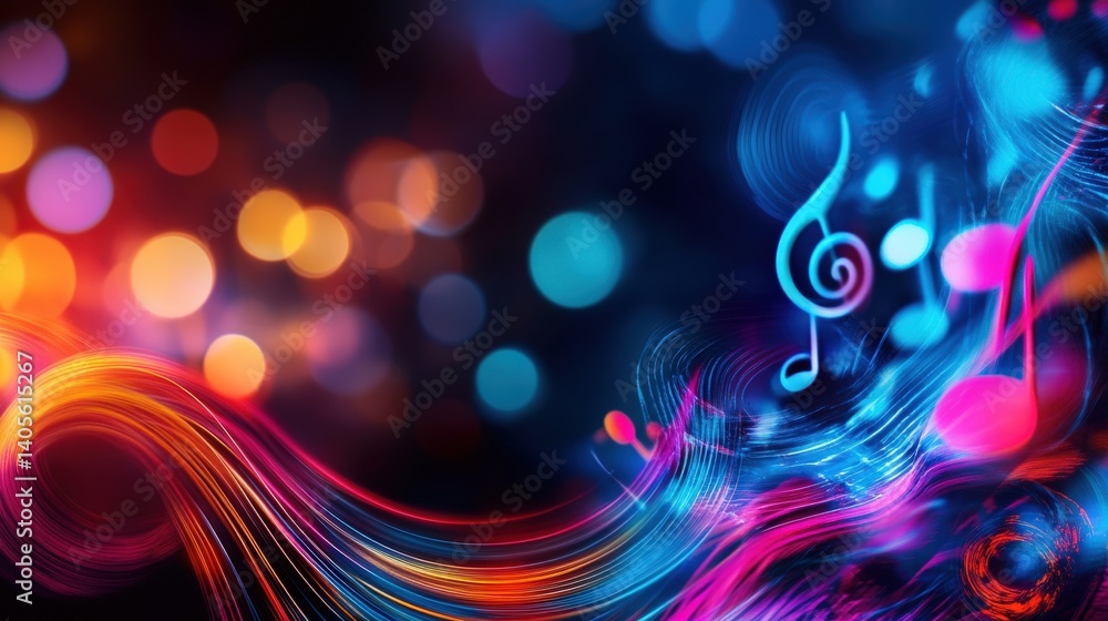 A high-energy DJ-inspired music background with vibrant neon musical symbols dancing across a dark club scene