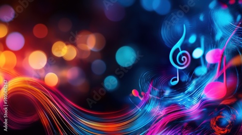Obraz na płótnie A high-energy DJ-inspired music background with vibrant neon musical symbols dancing across a dark club scene w salonie