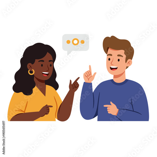 Dialogue & Discussion: An illustration captures two individuals in a friendly dialogue, ideas are shared and an open conversation.