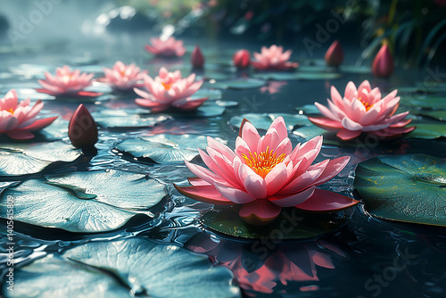 A tranquil pond with lily pads and lotuses