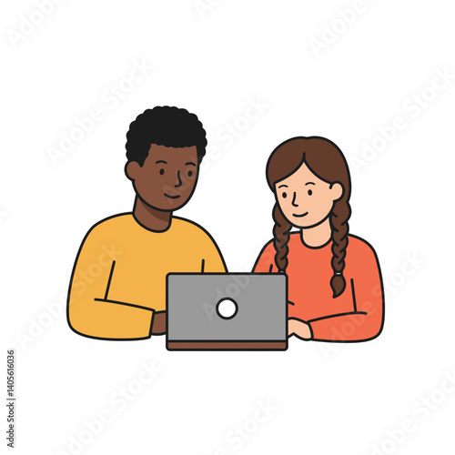 Young Students Collaborating: Two students, engrossed in shared learning, lean over a laptop, illustrating the power of collaborative study in a colorful, clean aesthetic.