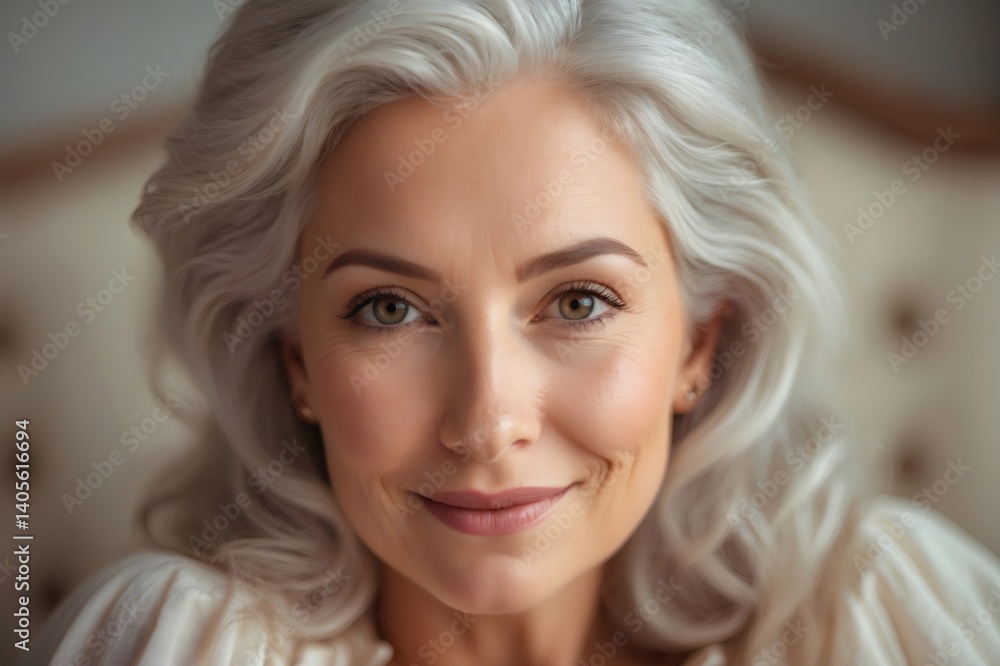 Fototapeta premium Close up portrait of a beautiful mature woman with gray hair, exuding confidence and serenity