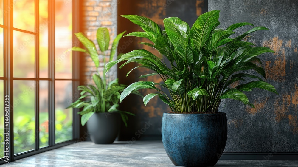 Two indoor plants in pots near a window, natural light, against a textured wall in a cozy room Two indoor plants in pots near a window, natural light, against a textured wall in a cozy room