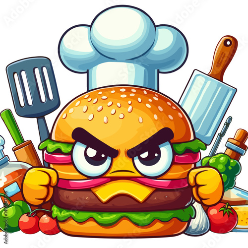 Angry cartoon chef burger character with cooking utensils and fresh ingredients