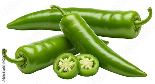 Group of fresh green chili peppers with one sliced to show inside, placed on a clean white background looking spicy, fresh, and perfect for cooking spicy dishes.
