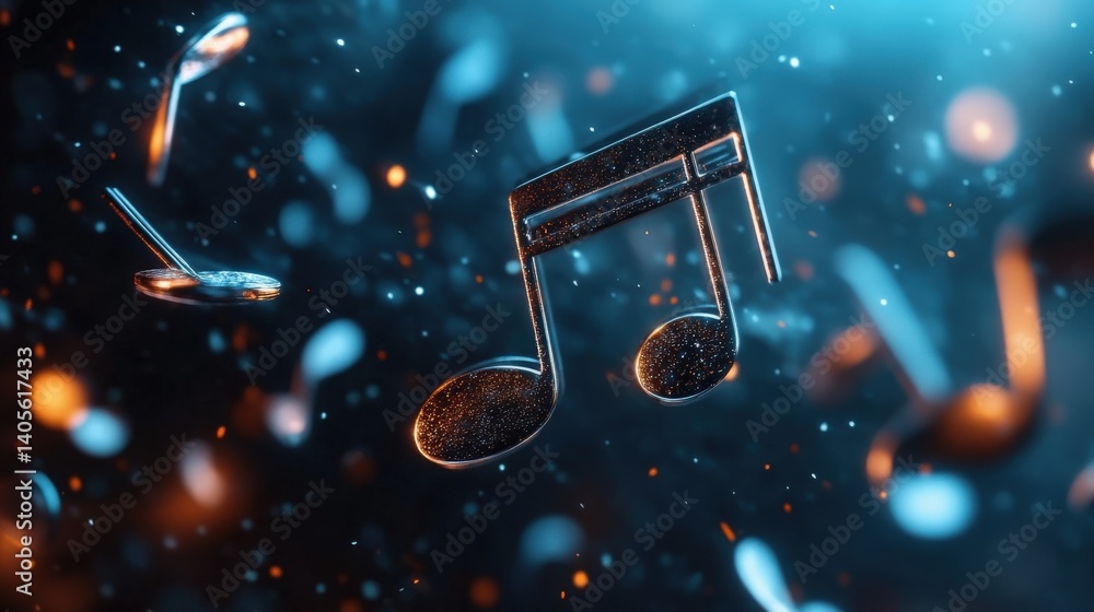 A high-resolution macro shot of shimmering metallic musical notes floating over a soft black background