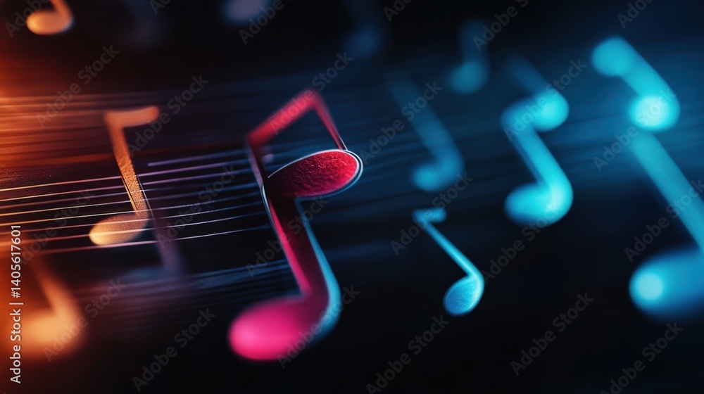A high-resolution macro shot of shimmering metallic musical notes floating over a soft black background