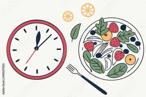 101 Clock face, plate, fresh vegetables, fruits, intermittent fasting concept, healthy eating, time-restricted feeding, colorful produce, nutritious diet, fork and knife, circular composition, white b