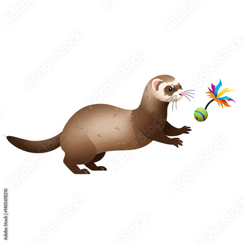Playful Ferret with Toy: A playful ferret with sleek, brown fur enthusiastically interacts with a colorful toy.  Capturing the essence of a pet in its natural, spirited state.