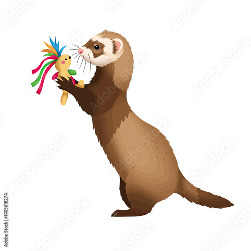 Playful Ferret with Toy: A curious and playful ferret stands upright, engrossed in its vibrant toy, with its sleek coat and bright eyes, depicting pure curiosity and amusement.