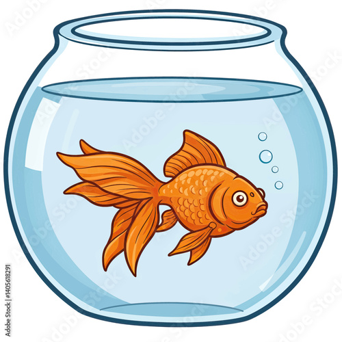 Goldfish in Glass Bowl: A vibrant goldfish swims gracefully in a glass bowl filled with clear water, bubbles adding a touch of life to the scene, showcasing a serene aquatic environment.