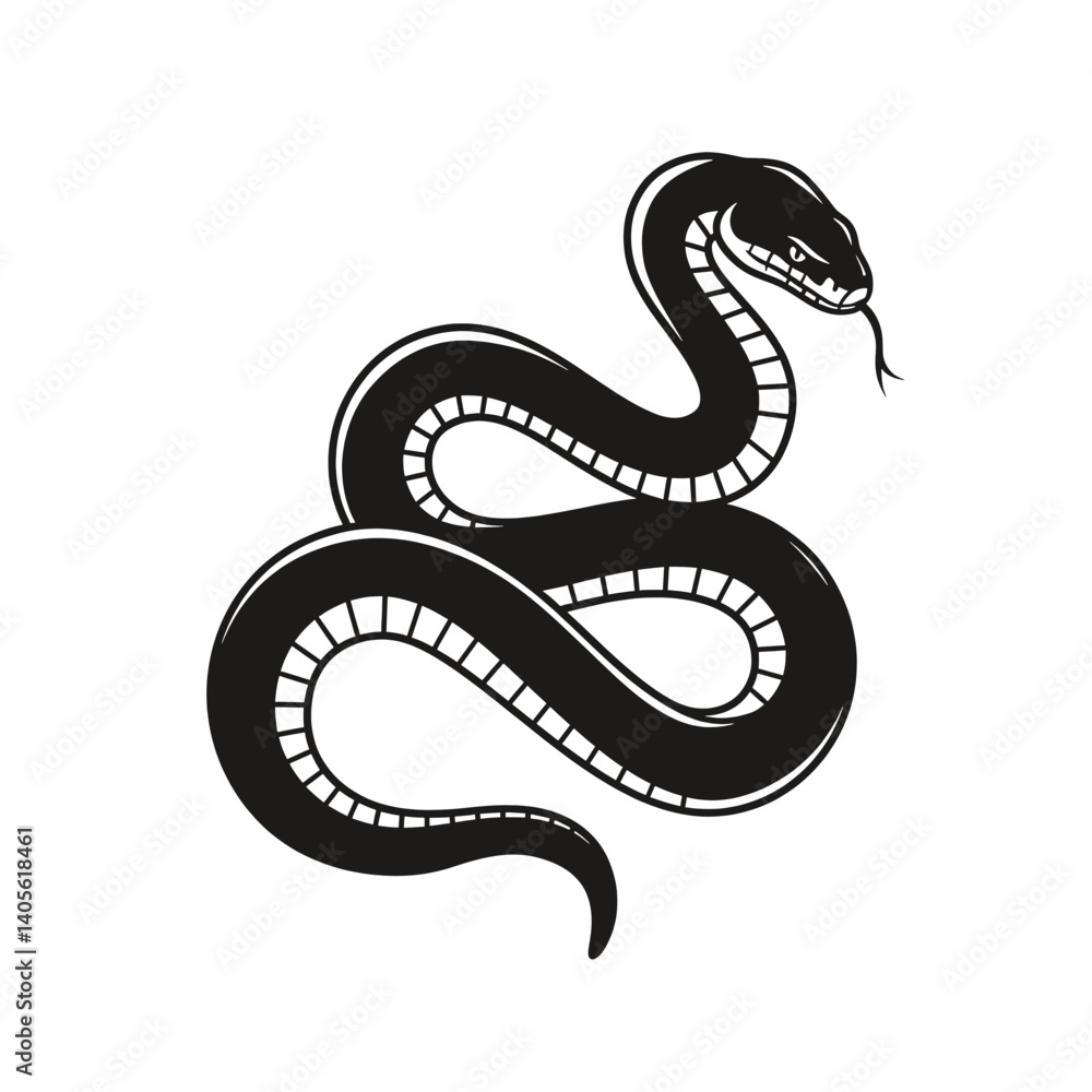 Fototapeta premium Serpentine Elegance: A sleek, stylized illustration showcases a sinuous black snake in graceful repose, its form defined with bold, dynamic lines.
