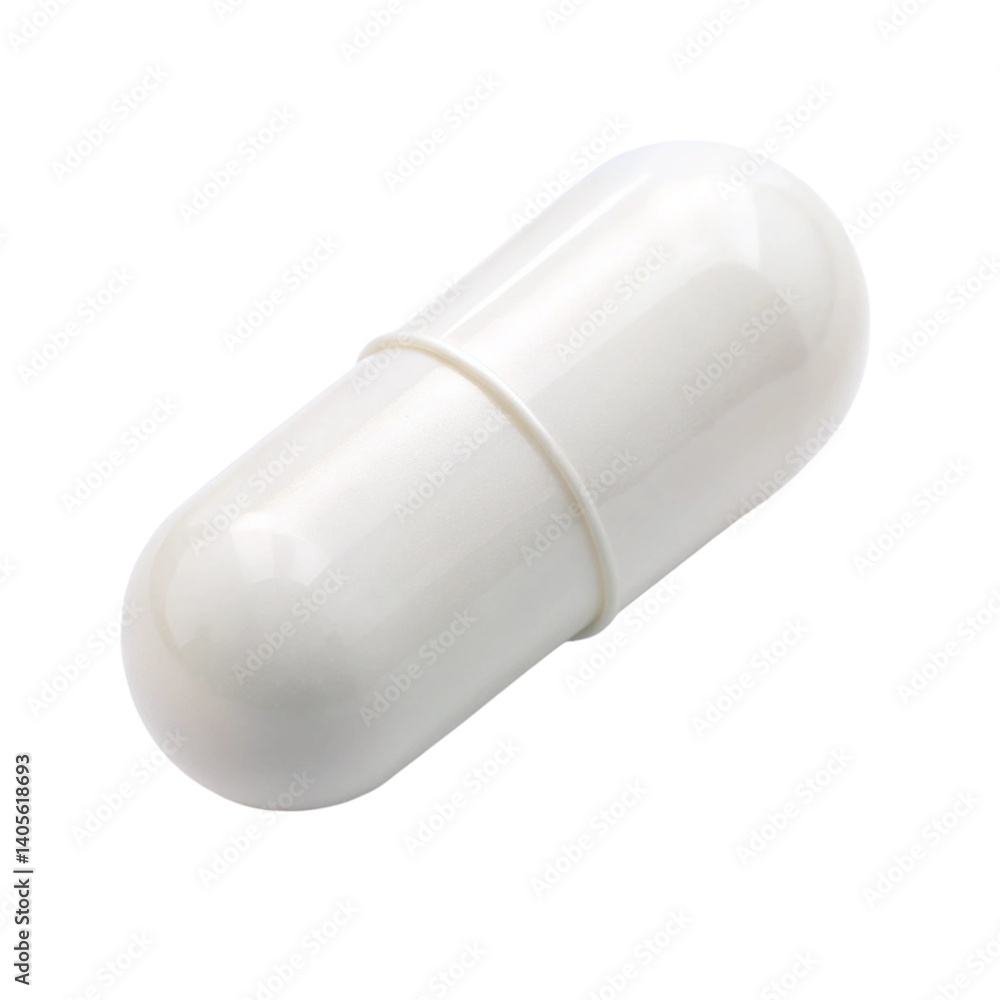 White capsule shaped suppository, isolated on a reflective surface, used for medication administration and treatment White capsule shaped suppository, isolated on a reflective surface, used for medication administration and treatment