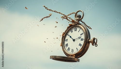 Antique Gold Pocket Watch Disintegrating in Mid Air Against a Soft Blue Sky