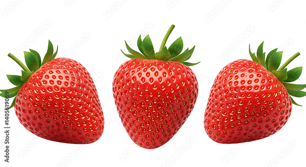 Three fresh strawberries lying on a clean white background looking juicy, red, and sweet, ideal for desserts, smoothies, healthy snacks, and fruit salads anytime. Three fresh strawberries lying on a clean white background looking juicy, red, and sweet, ideal for desserts, smoothies, healthy snacks, and fruit salads anytime.