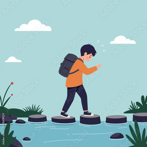 A young boy carefully crossing stepping stones over a tranquil stream in a minimal flat design vector illustration