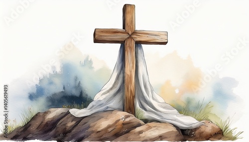 Isolated old rugged wooden cross on a hill watercolor