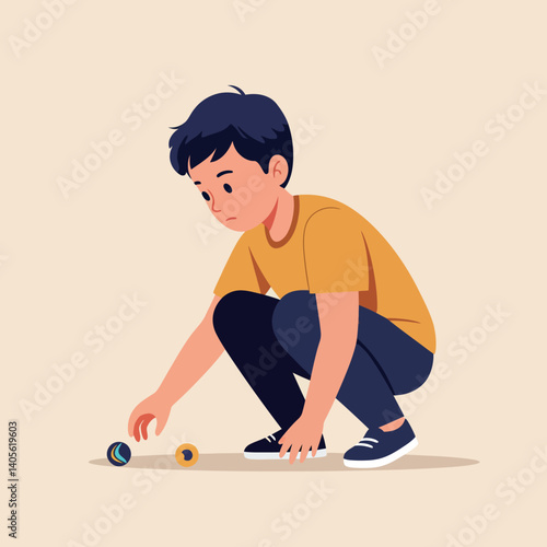 A young boy squatting on the floor with a focused expression while playing with colorful marbles in a minimal vector illustration