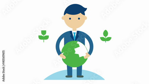 Climate change awareness illustration with character presenting sustainability facts environmental impact and global warming prevention visual content