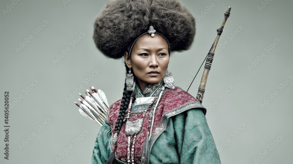 Mongolian warrior woman in traditional armor with bow and arrows ready for battle