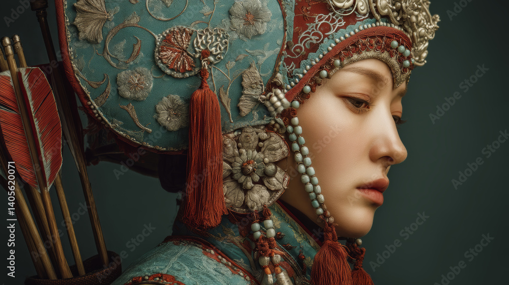 Profile of young Mongolian archer in turquoise battle robes with decorated quiver