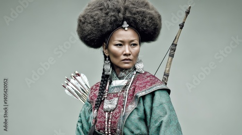 Obraz na płótnie Mongolian warrior woman in traditional armor with bow and arrows ready for battle w salonie
