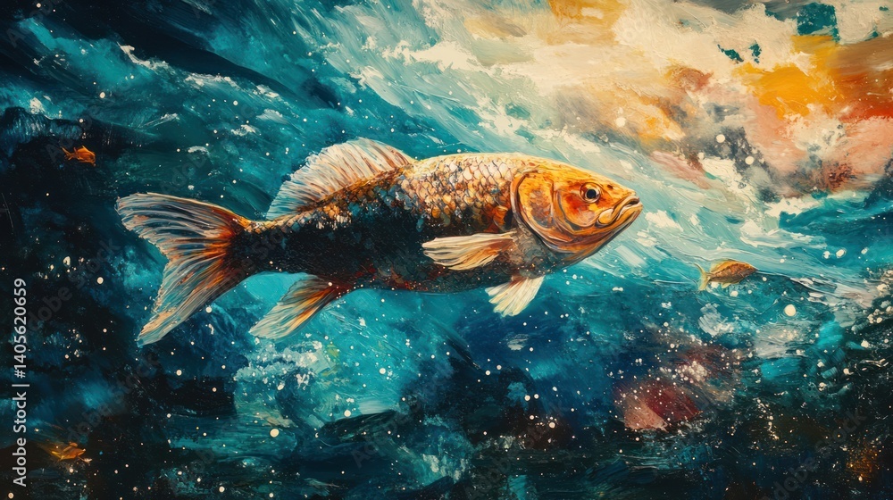 Naklejka premium Abstract depiction of a fish swimming gracefully through vibrant, turbulent waters
