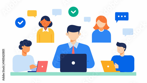 Management illustration featuring characters organizing tasks and preparing strategies in a professional setting with teamwork and office collaboration themes